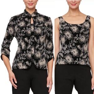 Alex Evenings Glitter Print Mandarin Collar Twinset Blouse Top Set 3X